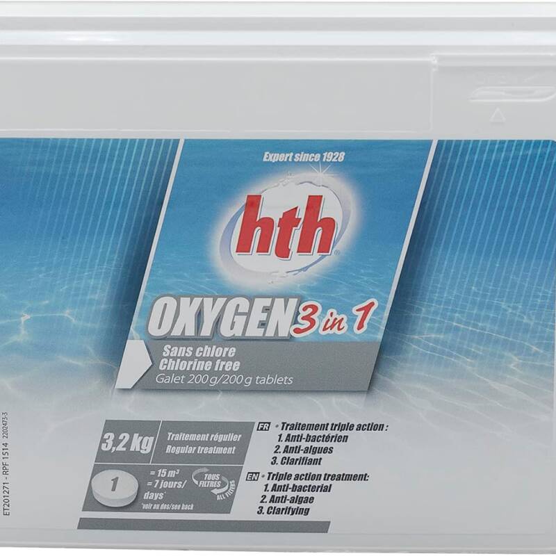 HTH OXYGEN 3 в 1 — багатофункціональні таблетки активного кисню для басейну, 200 г / 3,2 кг (Франція)