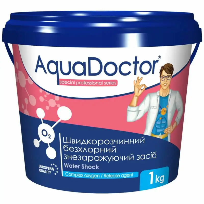 AquaDoctor Water Shock O₂ — безхлорний дезінфектант для басейнів на основі активного кисню, 1 кг гранули